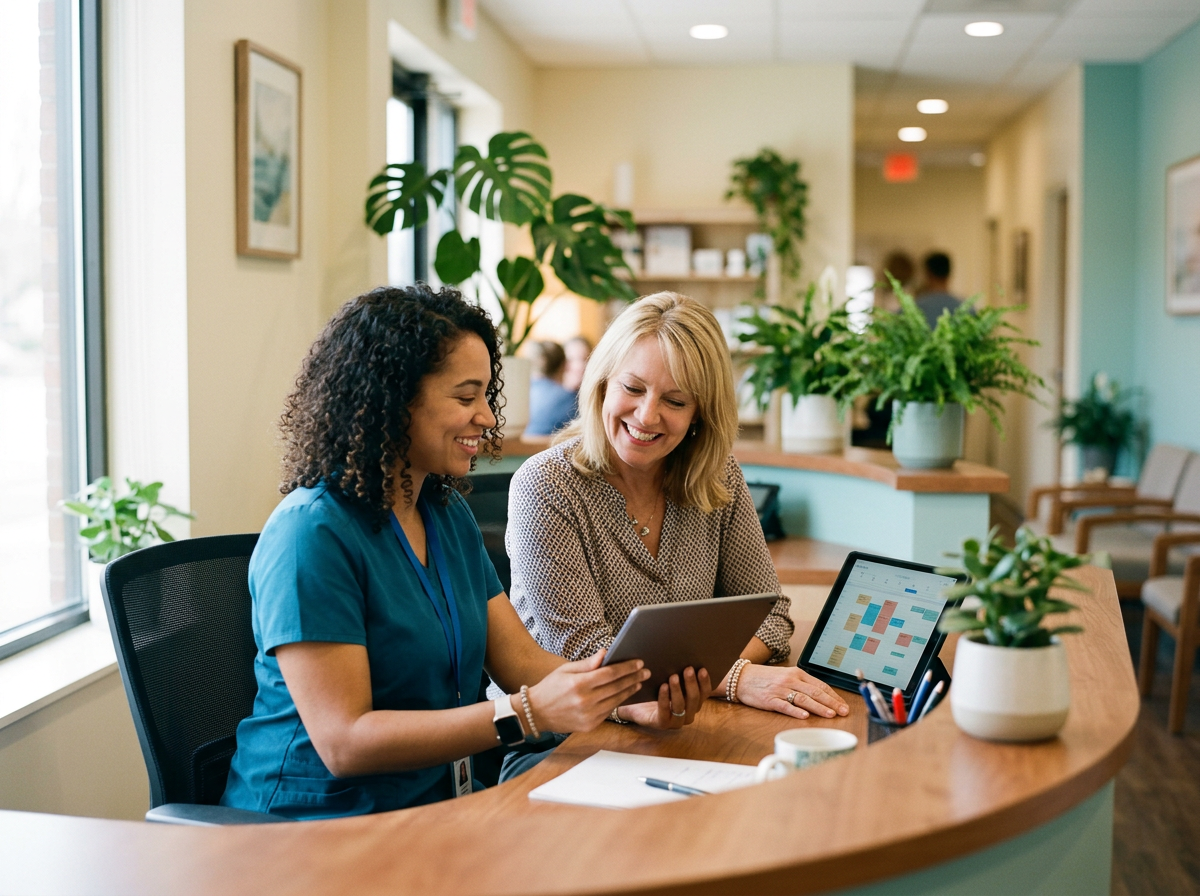 Two clinic team members smiling as they review a calendar on a tablet at the front desk